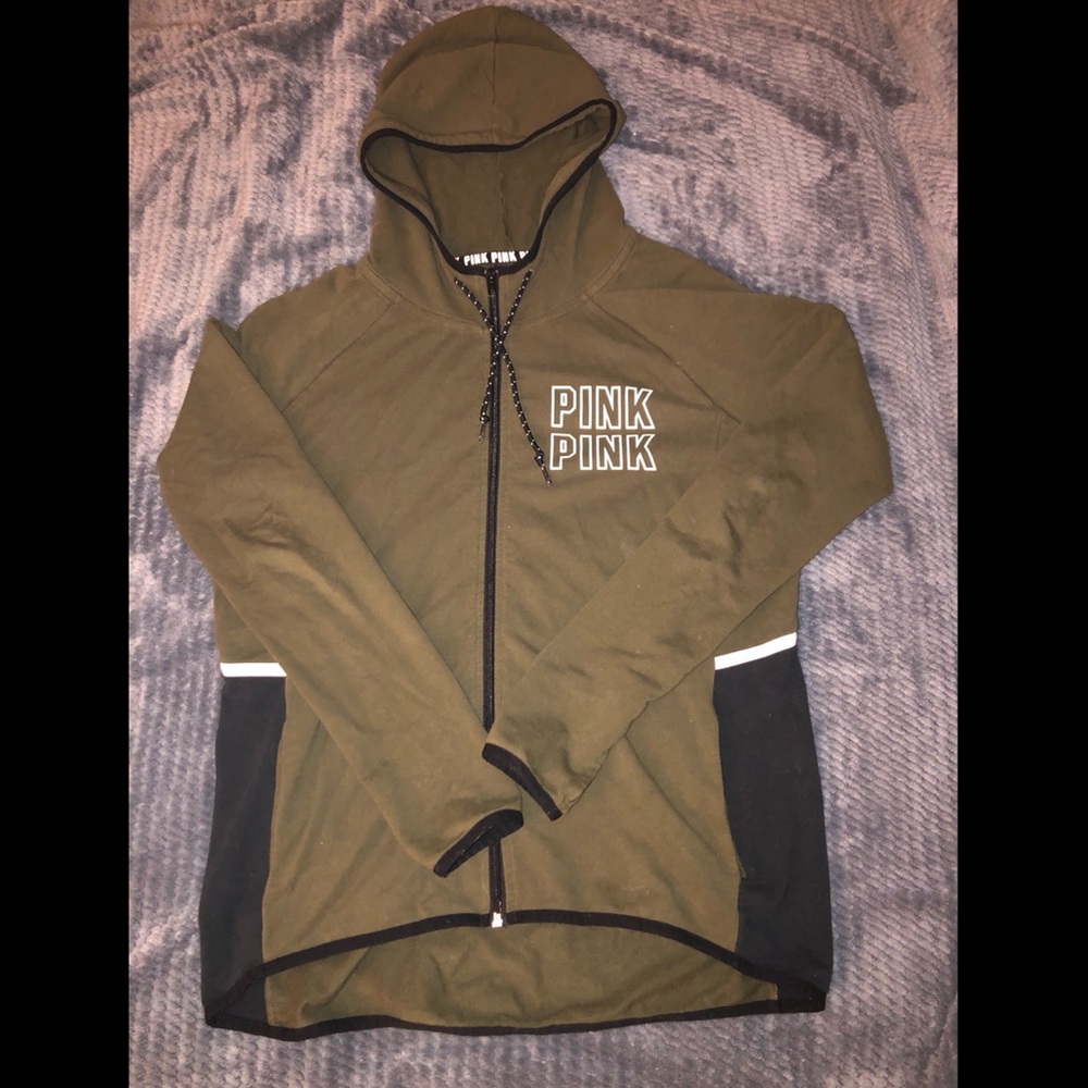 Olive Green PINK Zip- Up Hooded Sweatshirt